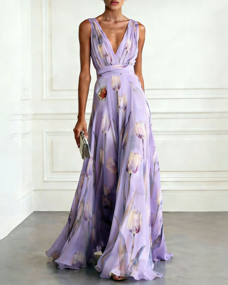 Tulip Print Chiffon Sleeveless V-Neck Maxi Dress