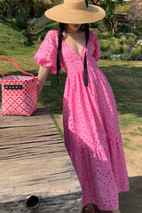 Hot Pink V Neck Balloon Sleeve Eyelet Maxi Dress