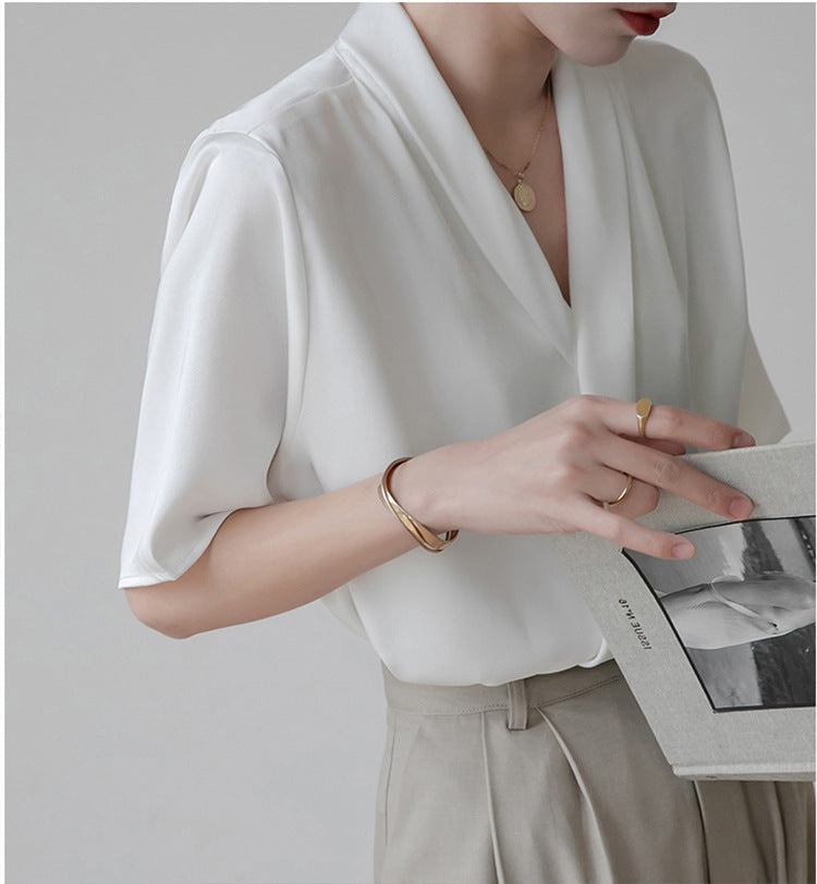 Light Steel Surplice Neck Ruched White Blouse