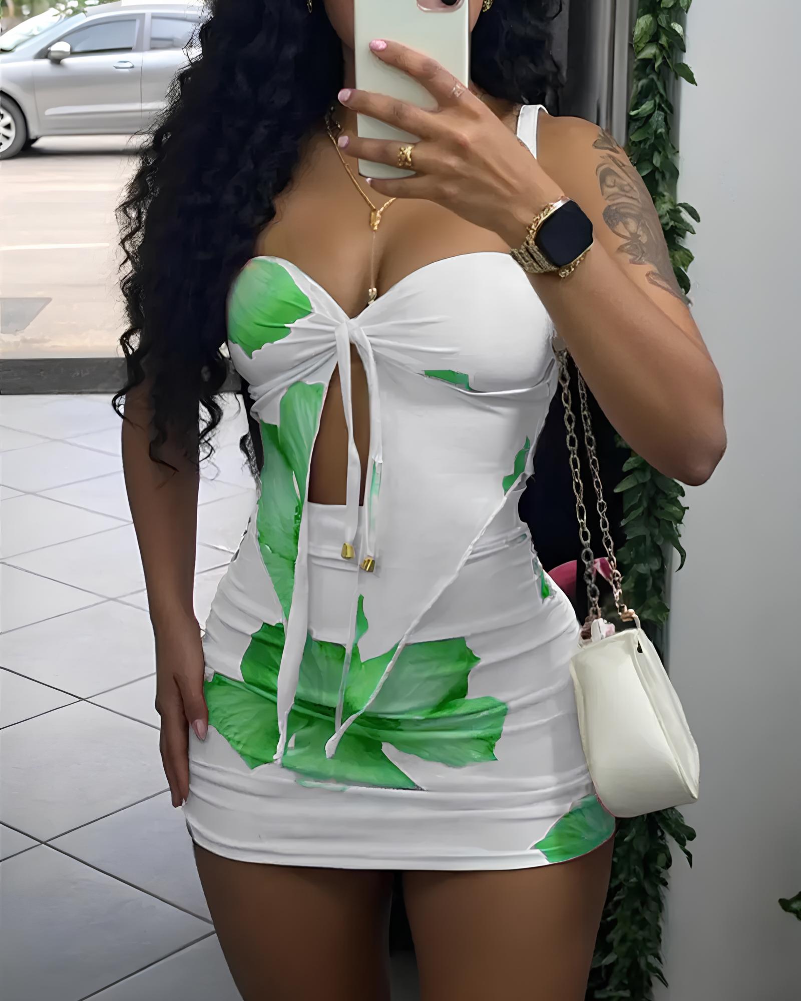 Beach Vacation Floral Print Strapless Top and Tight Skirt Set