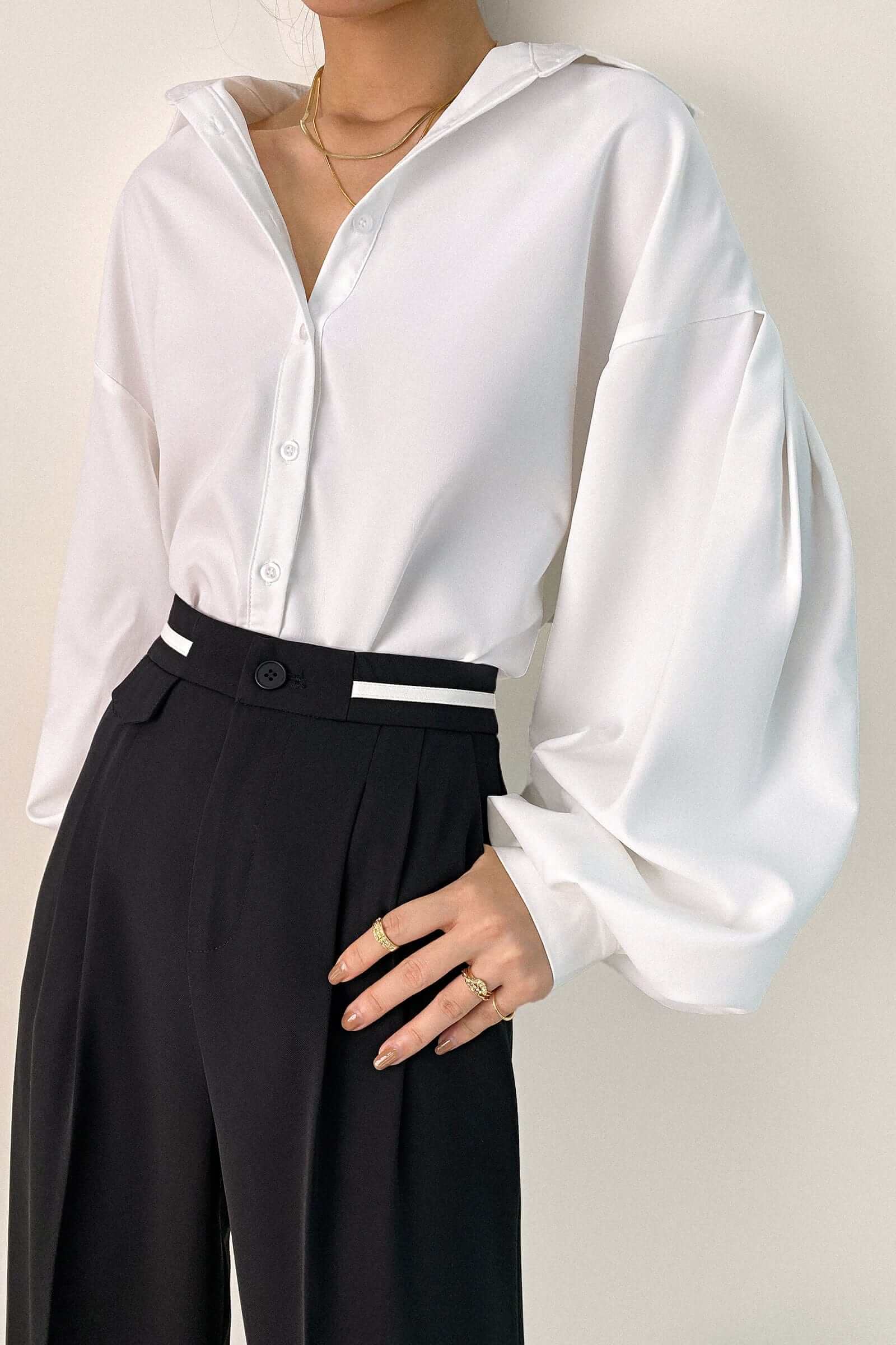 White Button-Up Lantern Sleeve Shirt