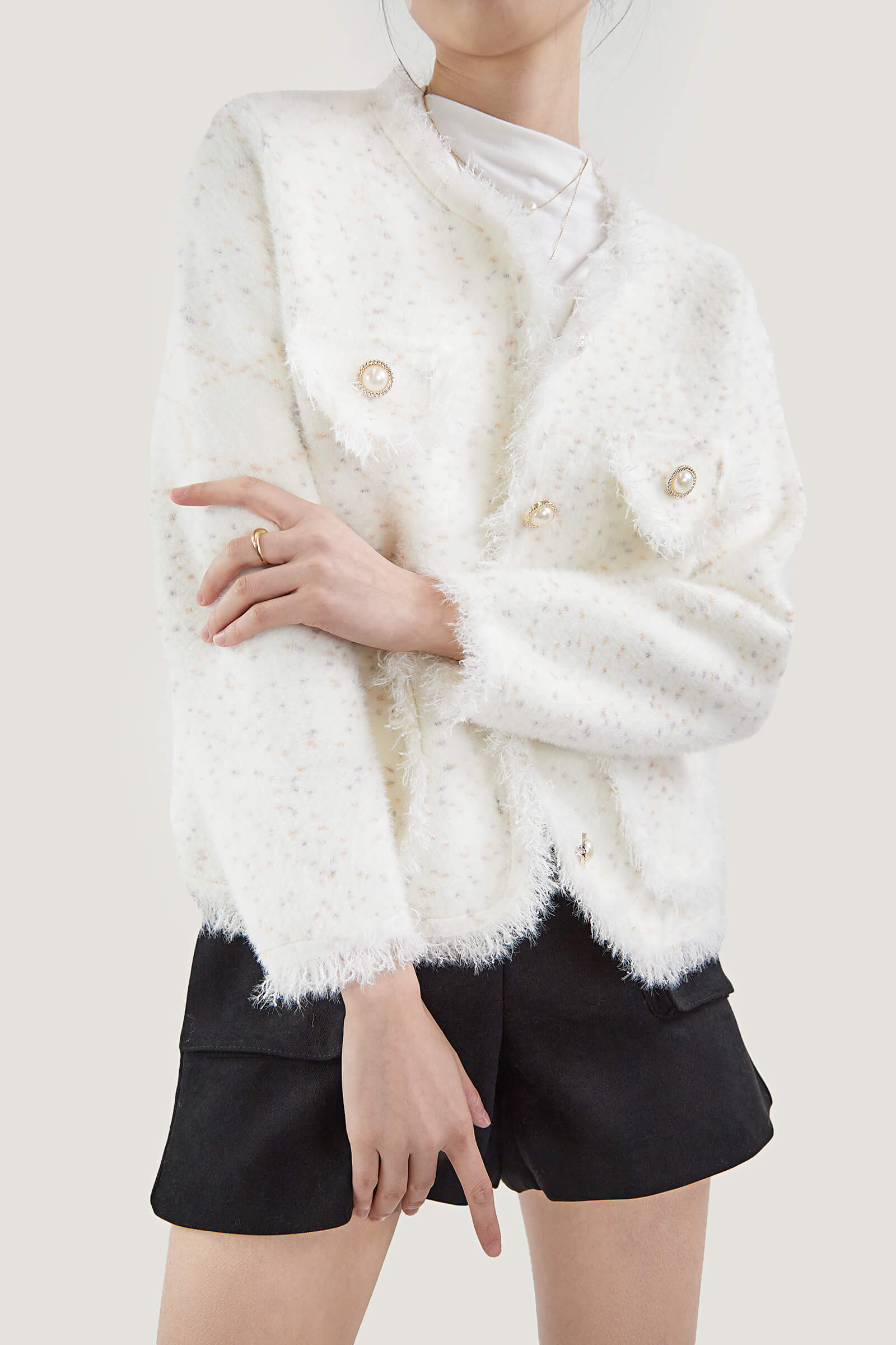 White Patched Pocket Frayed Trim Cardigan