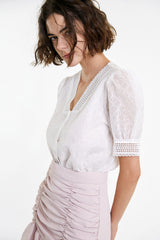 White Crochet Lace Trim V-Neck Button-Up Blouse