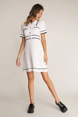 White Contrast Trim Collared Knitted Mini Dress