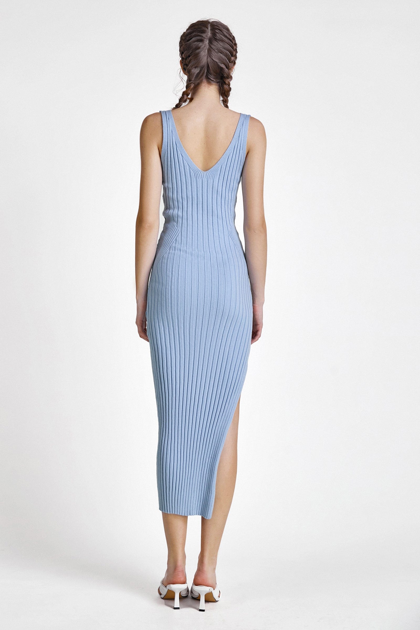 Sky Blue Rib-Knit Split Midi Dress