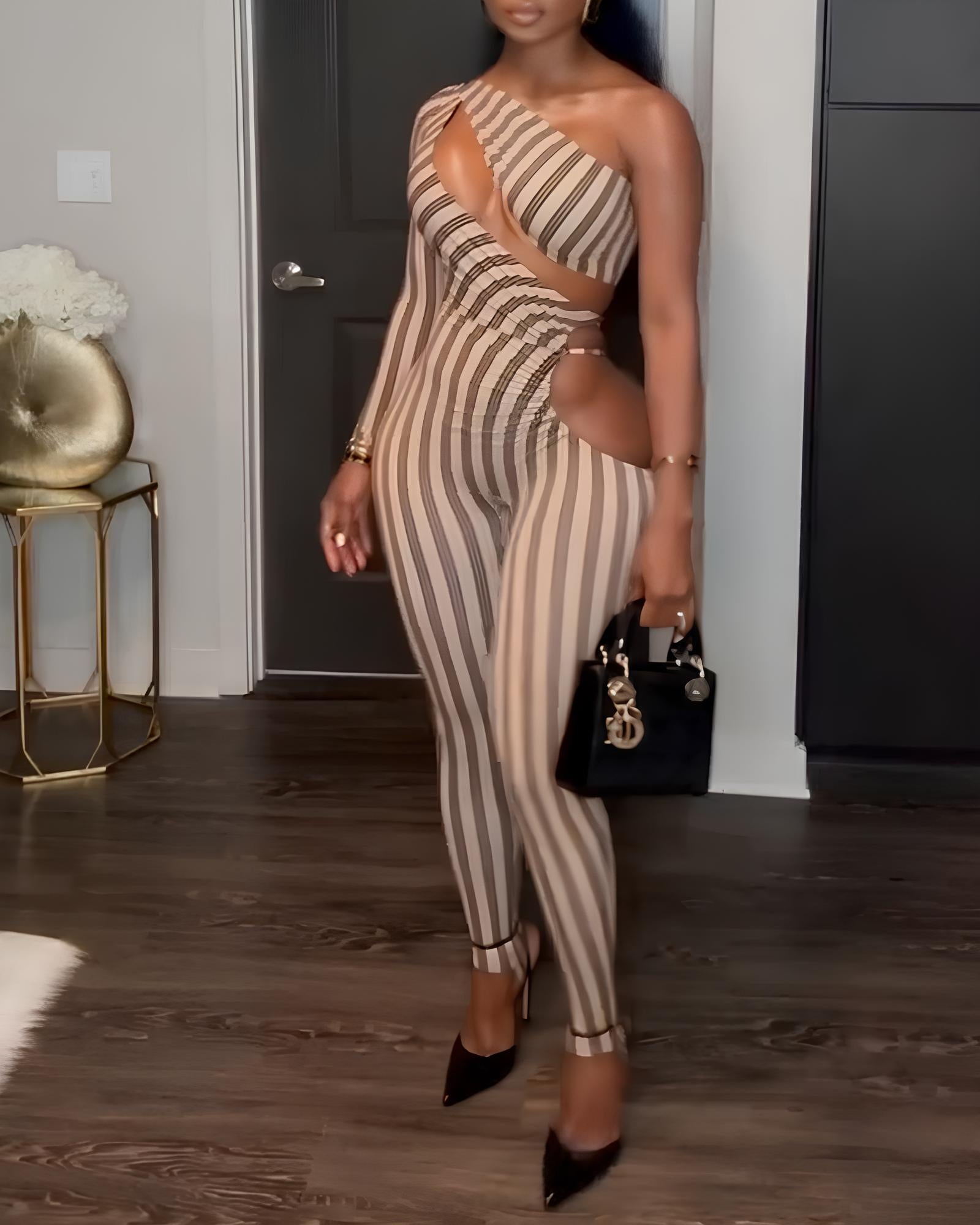 Striped Colorblock One-shoulder Cutout Long-sleeved Stretch Jumpsuit