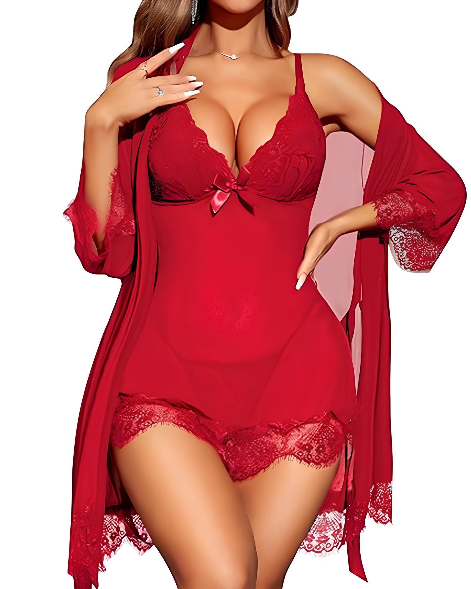 Deep V Lace See-through Mesh Slip Dress and Long-sleeved Robe Set