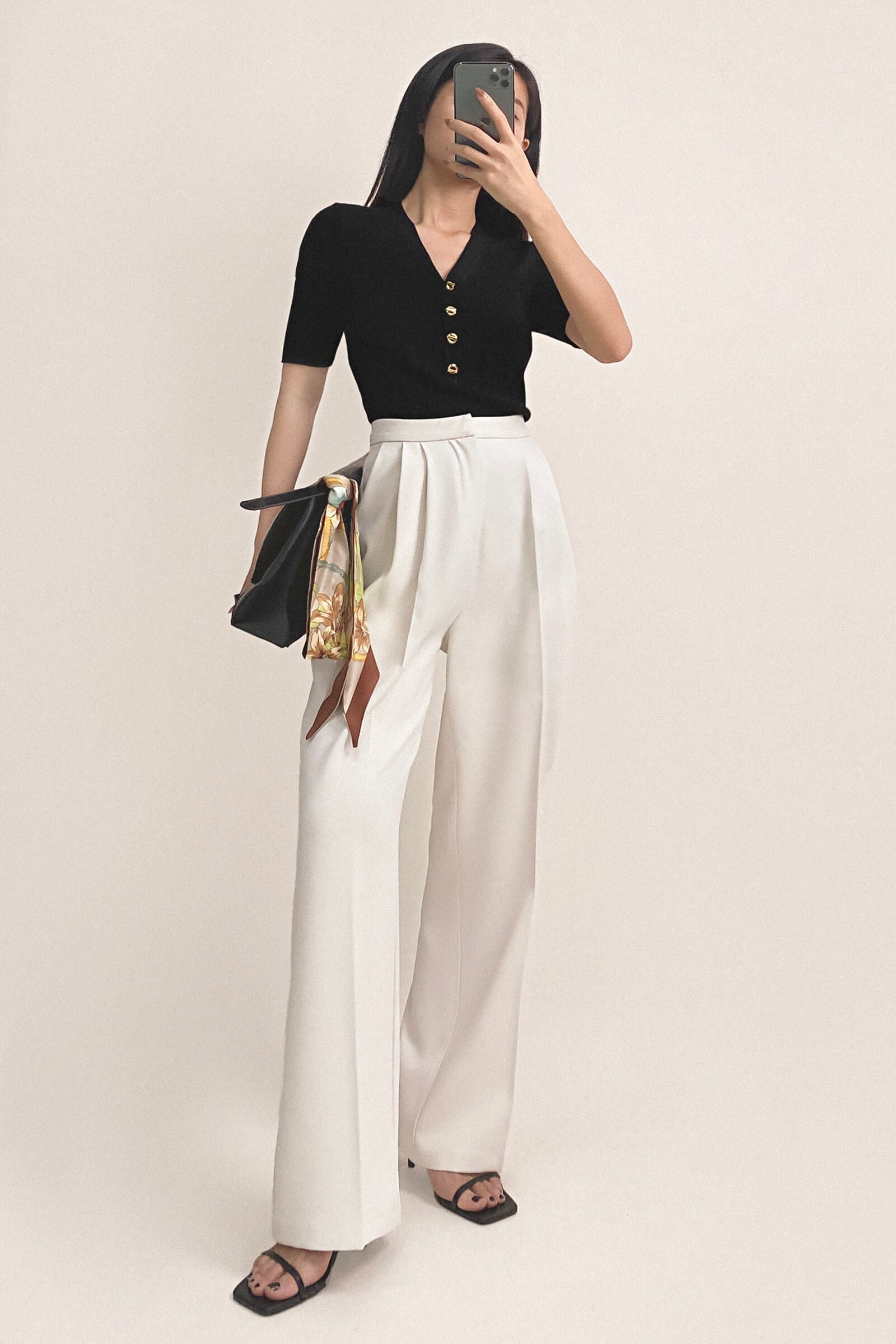 White Pleat Detail Wide Leg Work Pants