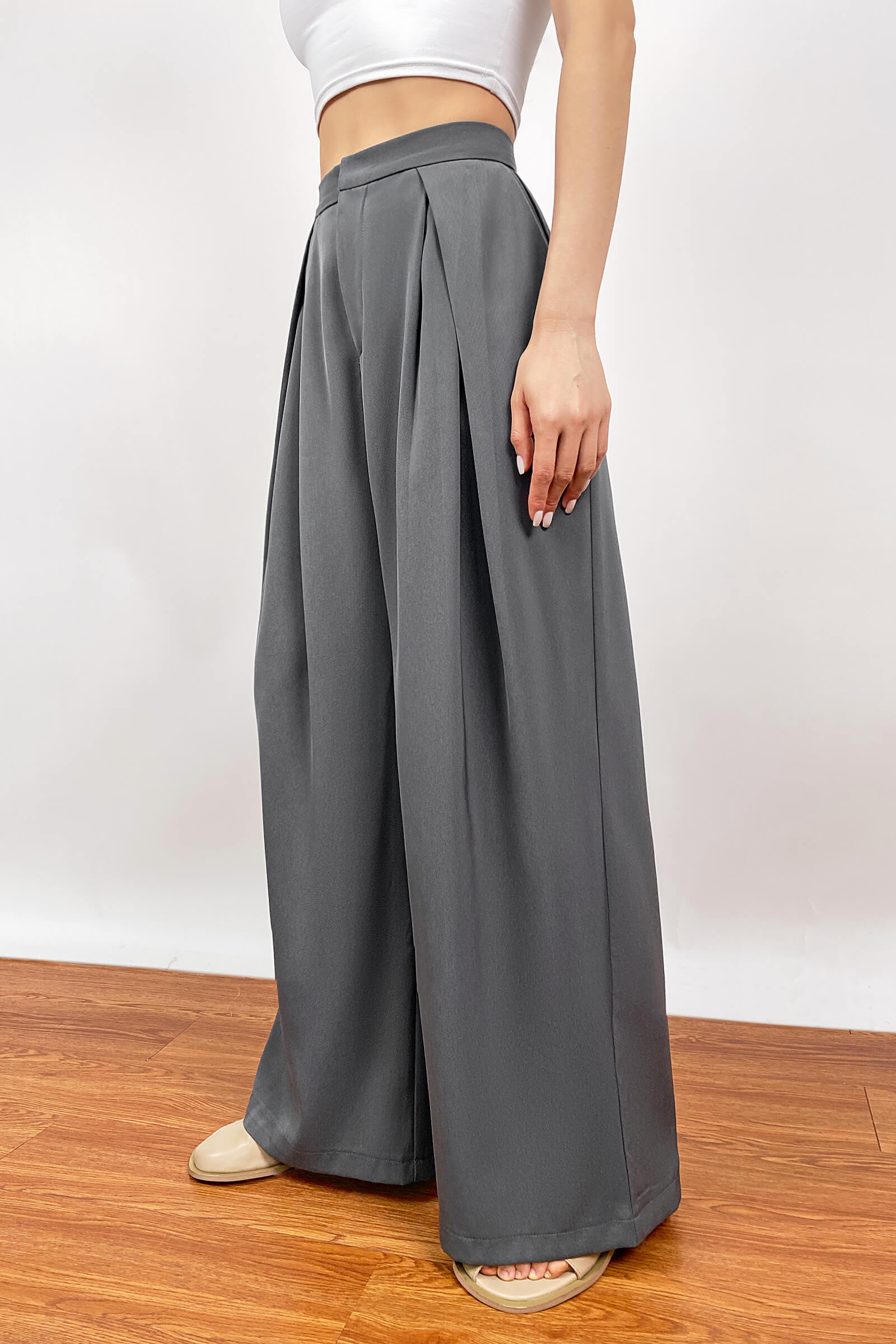 Dark Grey Pleated Wide Leg Work Pants