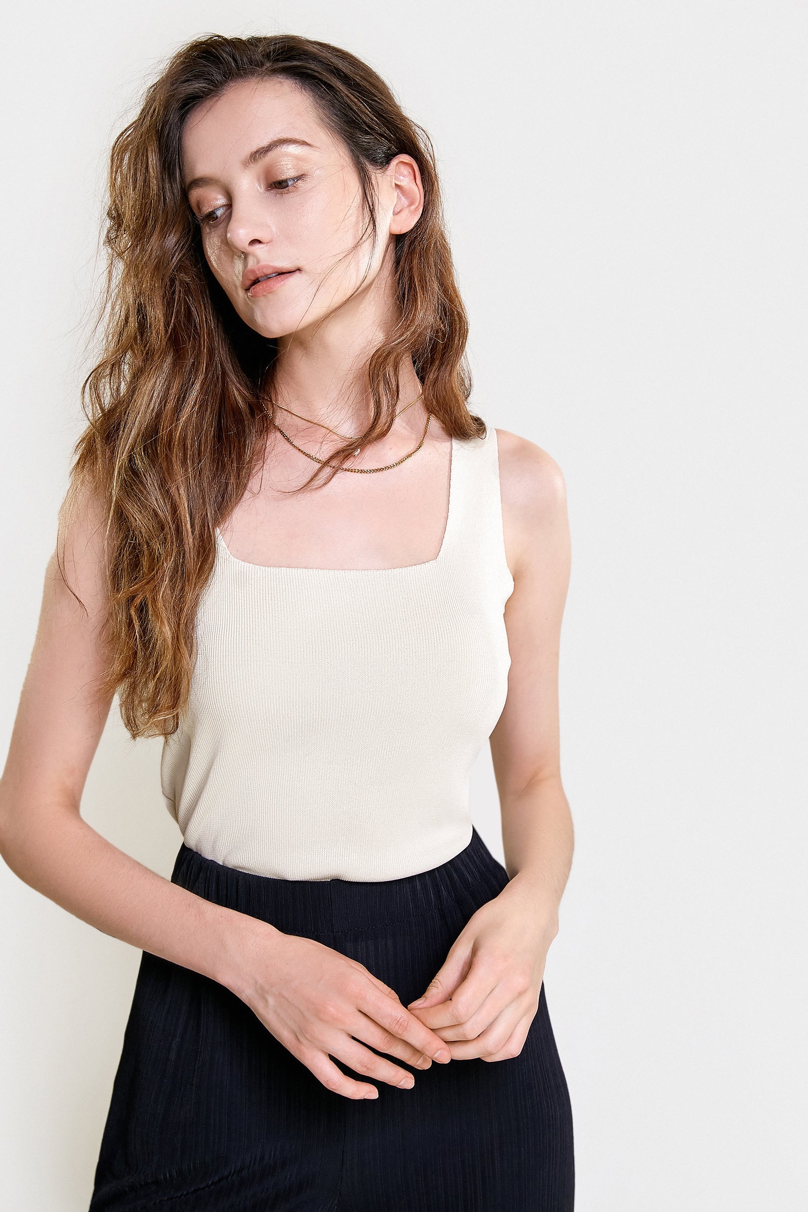 Old Lace Square Neck Soft Rib Knitted Tank Top