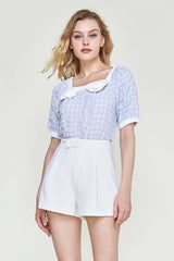 Light Sky Blue Square Neck Bow-Embellished Textured Blouse