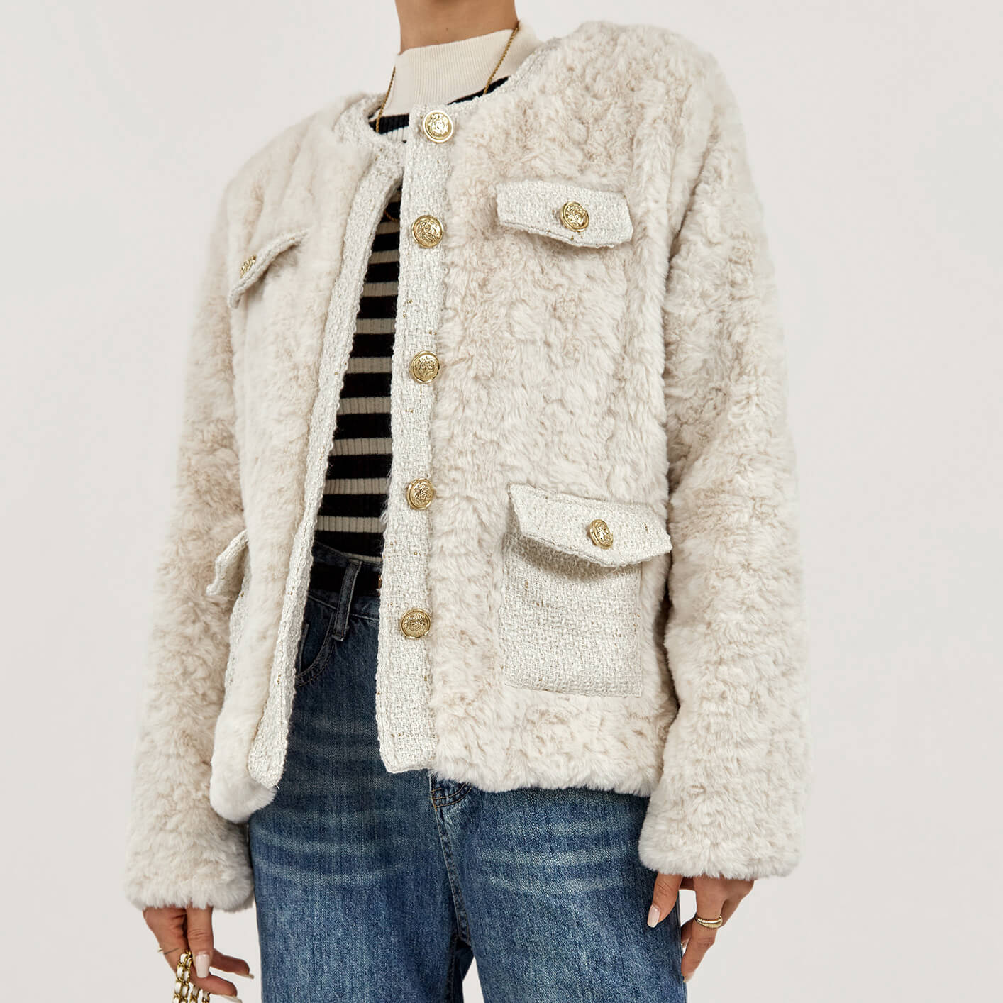 Tweed Crew Neck Pocket Teddy Jacket