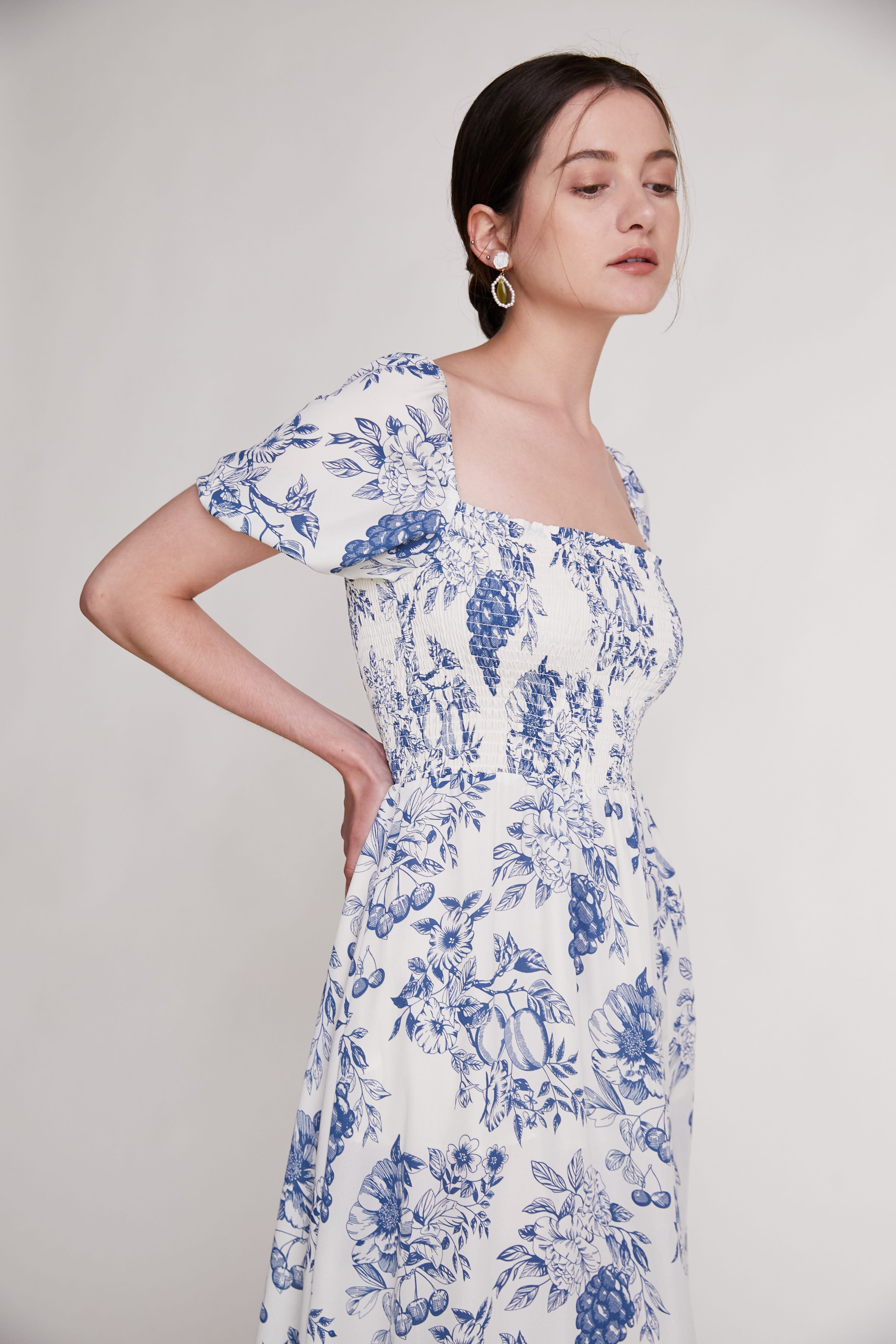 Blue Fruit Print Smocked Puff Sleeve Maxi Dress