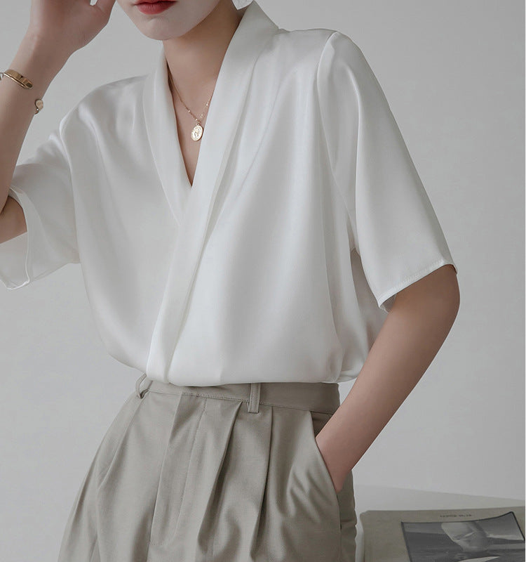 Light Steel Surplice Neck Ruched White Blouse