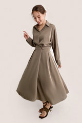 Brown Surplice Pleat Detail A-Line Maxi Shirt Dress