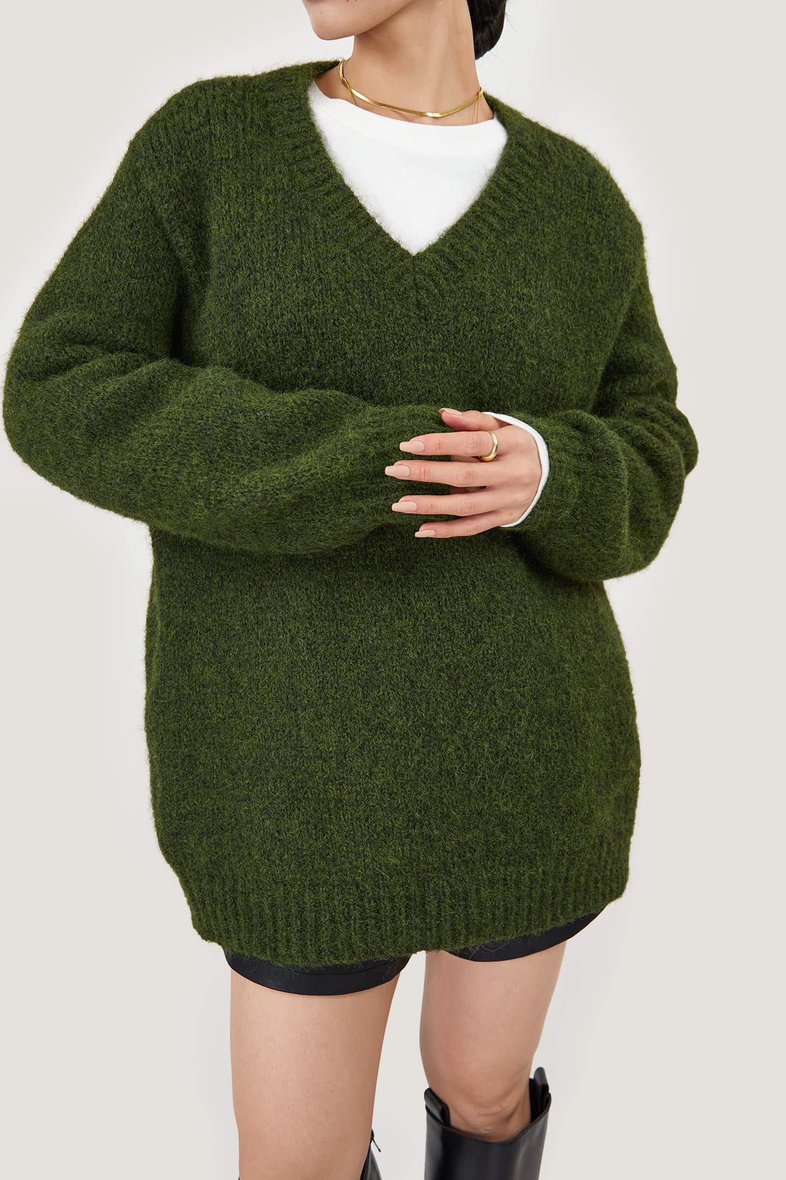Dark Olive GreenFuzzy Knit V-Neck Oversized Sweater