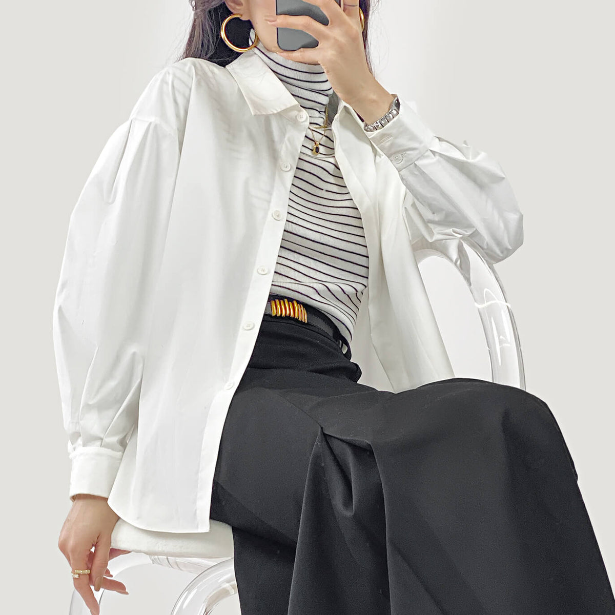 White Button-Up Lantern Sleeve Shirt