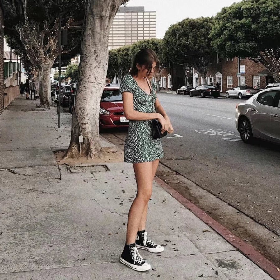 Green Square Collared Broken Flowers Wear Both Over The Shoulders