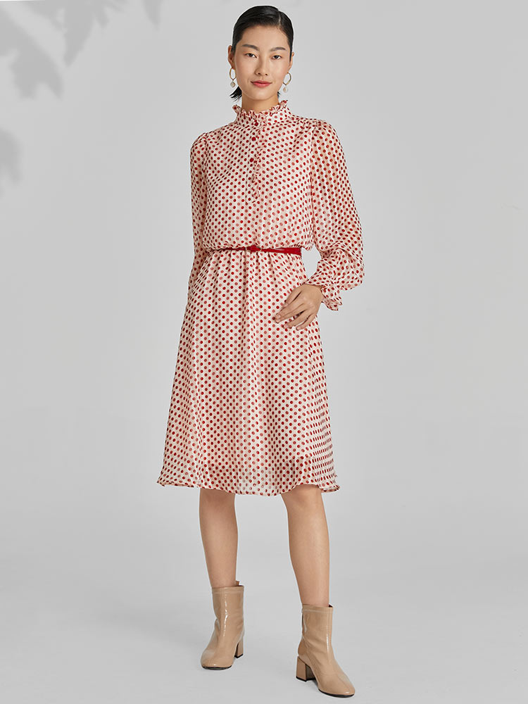 Gathered Waist Chiffon Polka Dot Midi Dress