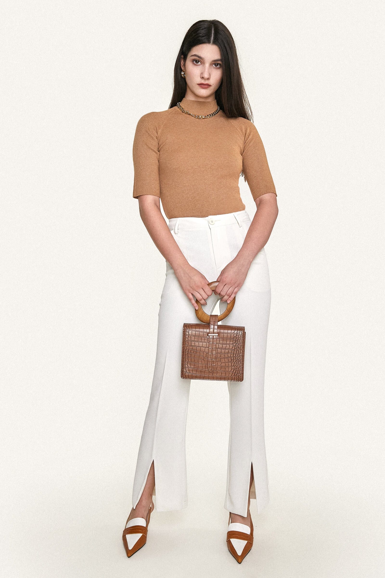 Dark Salmon Mock Neck Short Sleeve Ribbed Knit Sweater Top