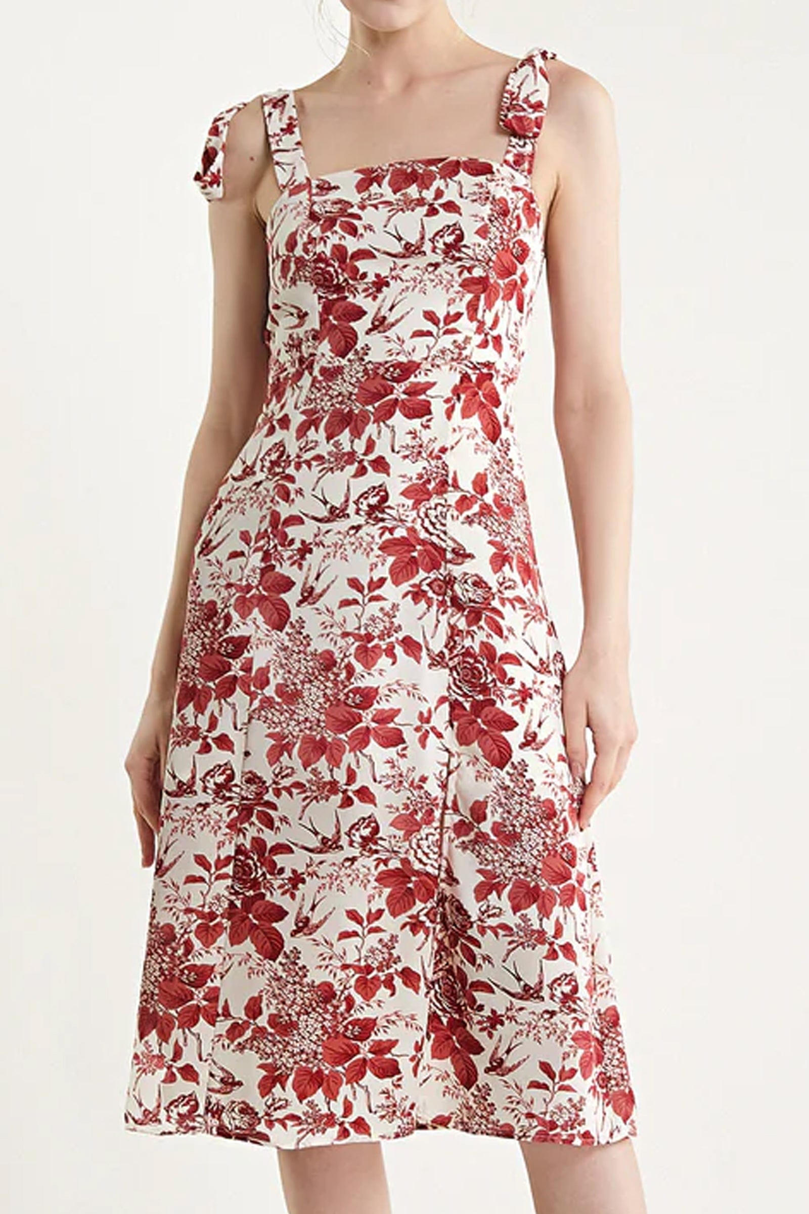 Beige Floral Print Tie Strap Slit Hem Midi Dress