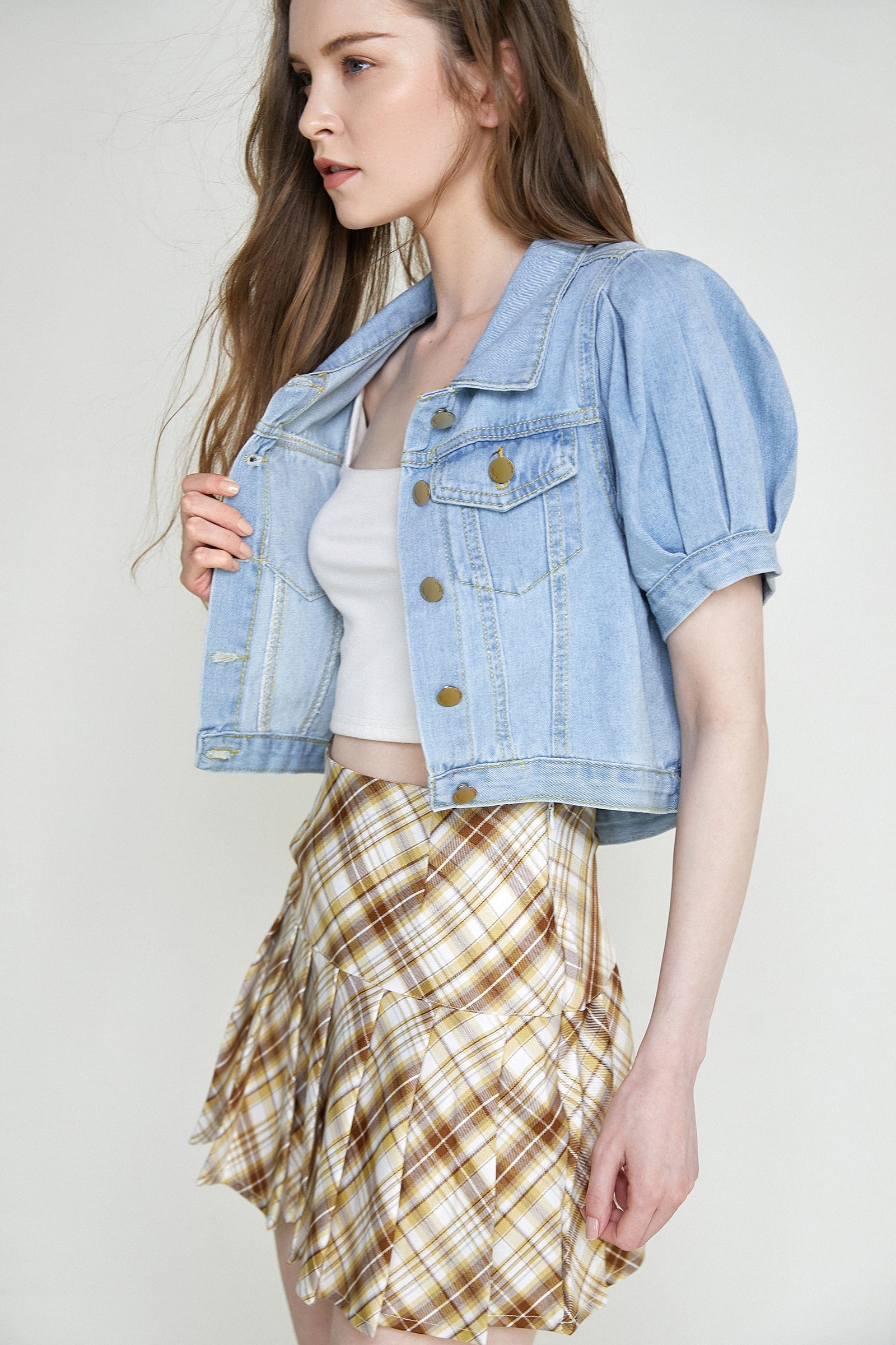 Light Slate Gray Puff Sleeve Pocket Detail Cropped Denim Jacket