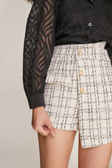 Ivory Tweed High Rise Button Detail Asymmetric Shorts
