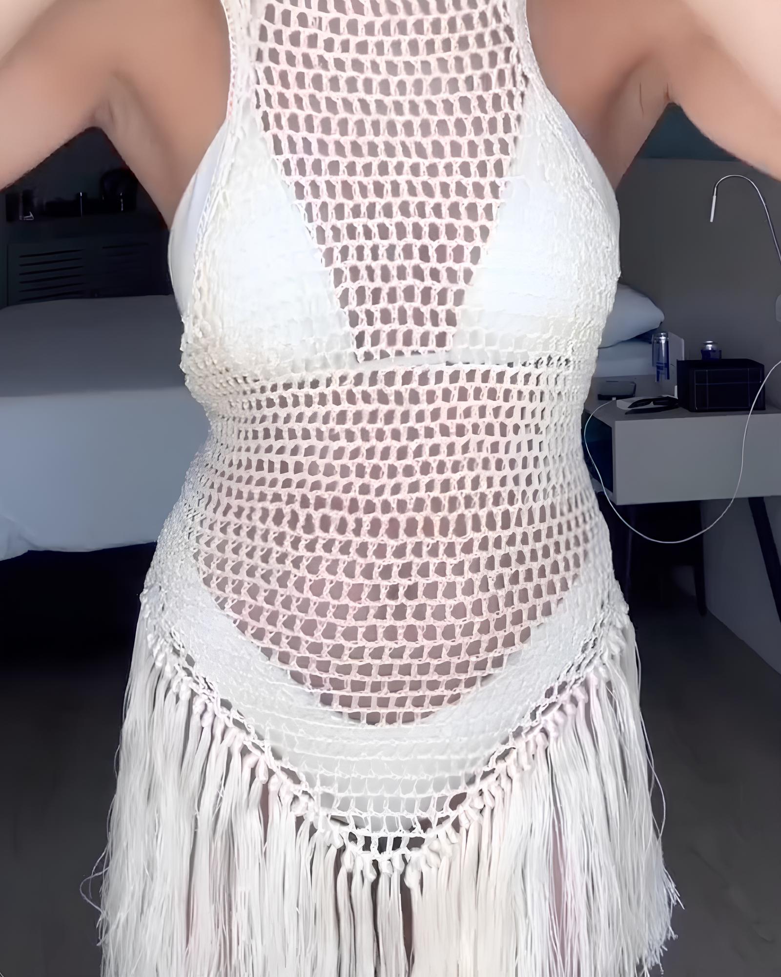 Solid Color Bikini and Round Neck Halter Hollow Backless Tassel Beach Dress Cover Up