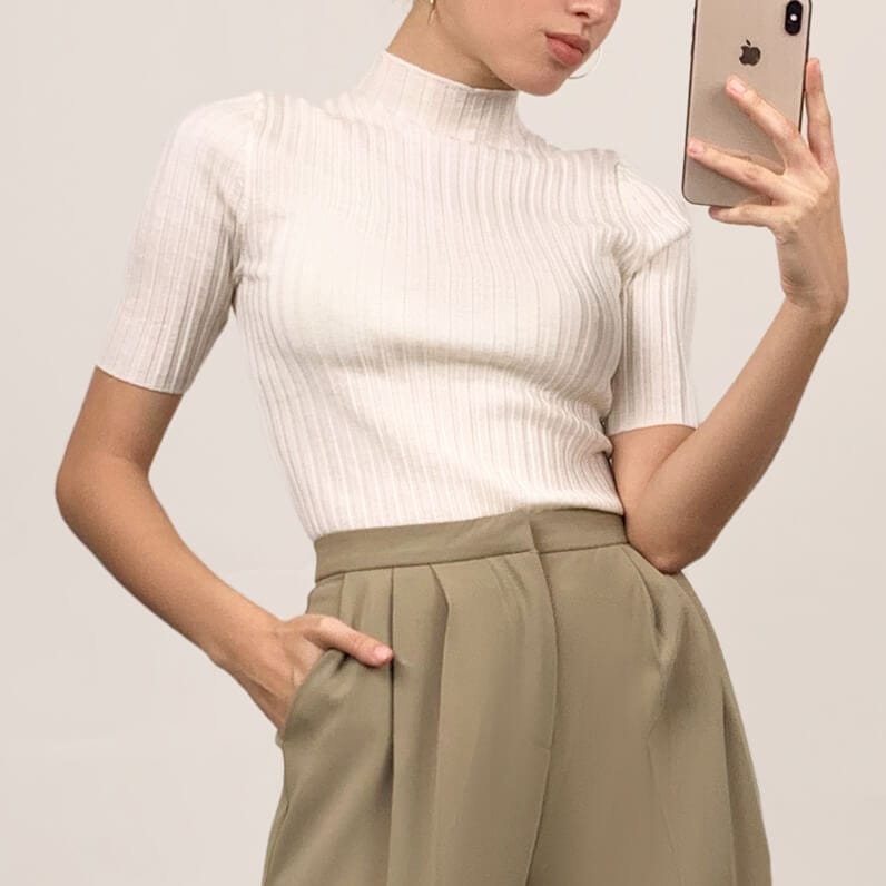 White Mock Neck Short Sleeve Wool-Blend Ribbed Knit Sweater