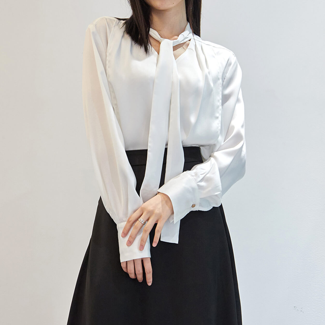White Tie Neck Satin Blouse