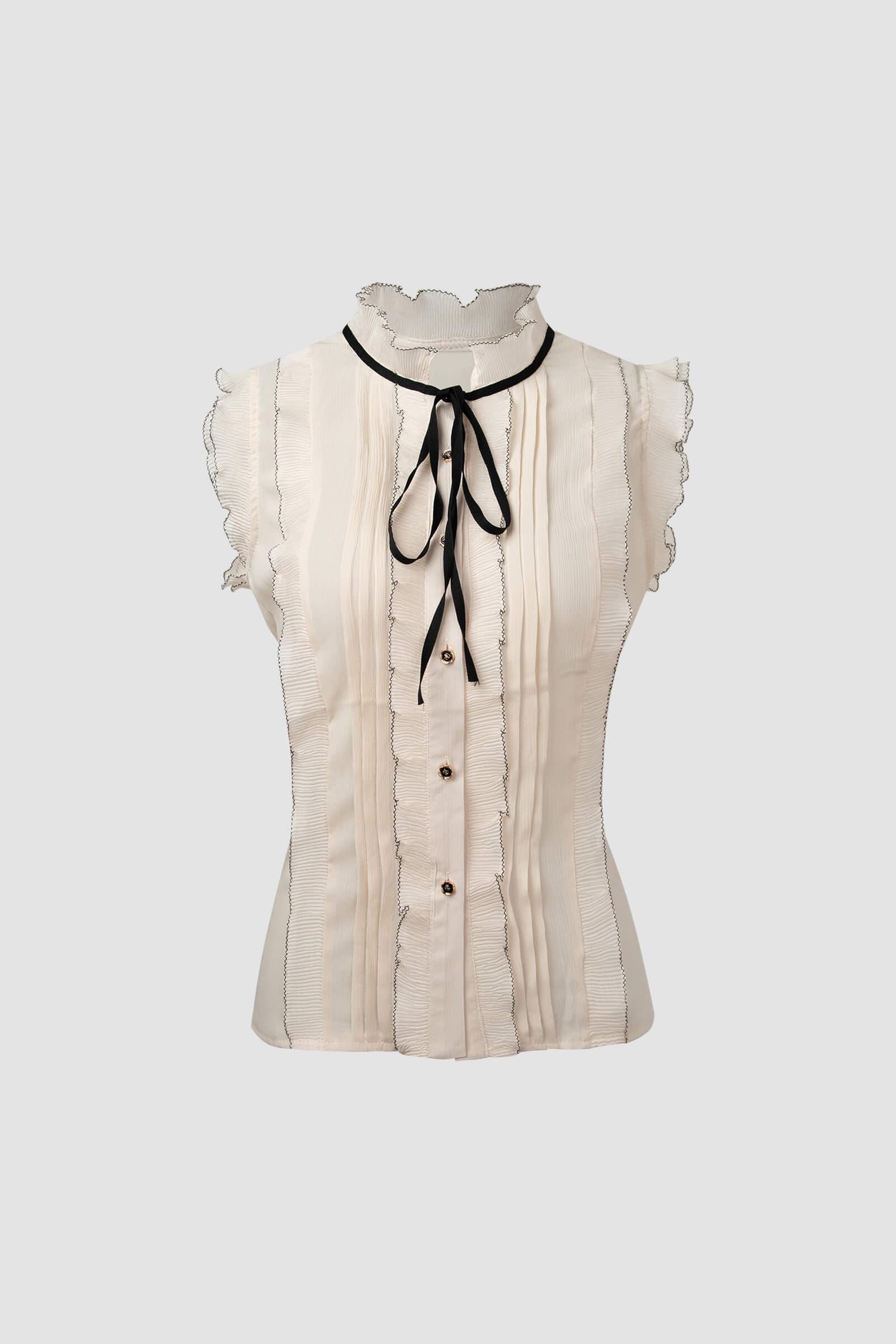 Ivory Sleeveless Ruffled Tie Neck Blouse