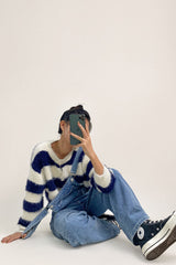 Dark Blue Striped Button-Up Fuzzy Knit Cardigan