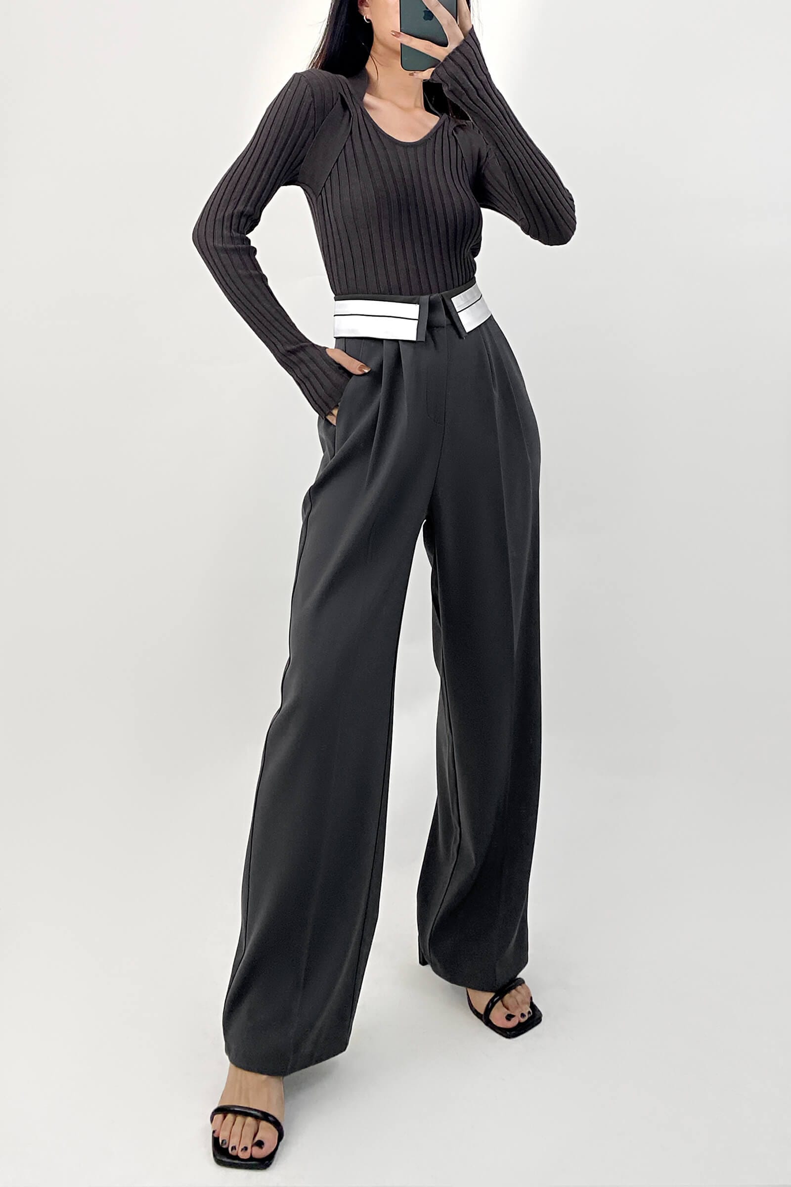 Grey Contrast Foldover Waist Wide Leg Pants