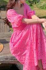 Hot Pink V Neck Balloon Sleeve Eyelet Maxi Dress