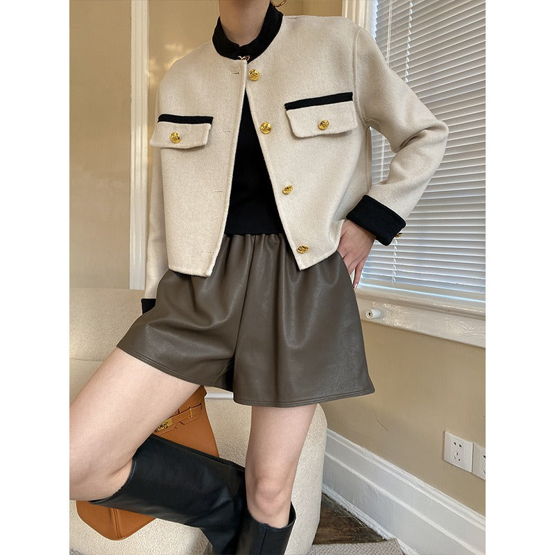 Loose A-leg Elastic Short Leather Pants