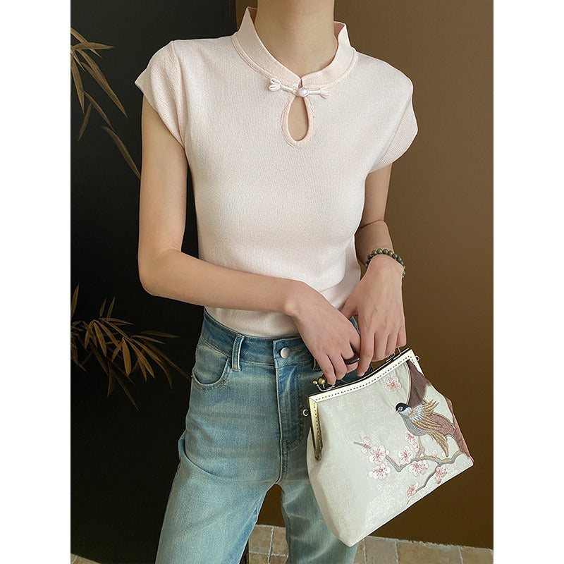 Short sleeve of hollow semi-high neck sweater