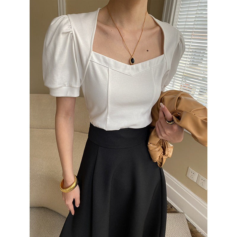 French love square collar bubble short sleeve T-shirt