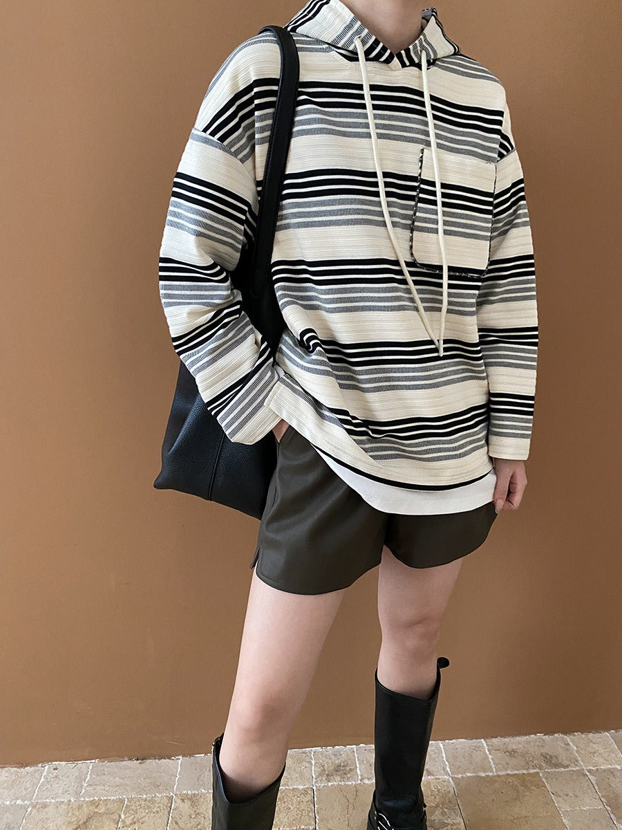 Trendy Contrasting Striped Drawstring Hooded Sweater