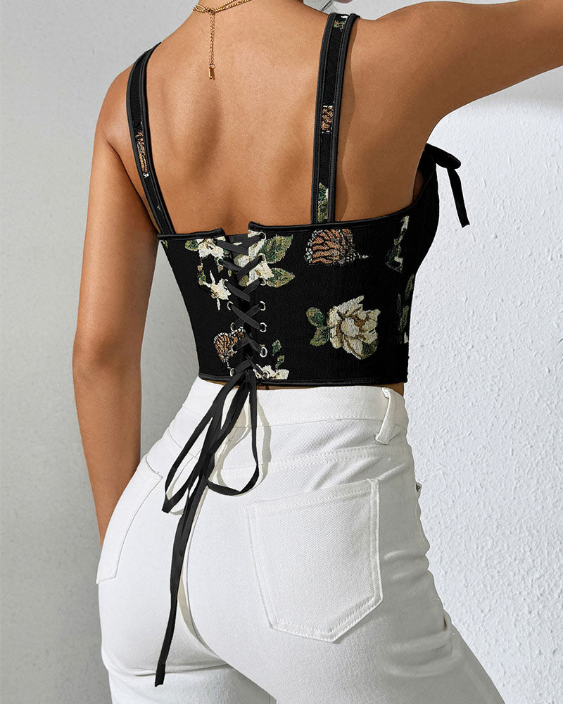 French Style Bow Lace-Up Floral Body Shaper Women's Sling Printed Slim-Fit Vest Corset