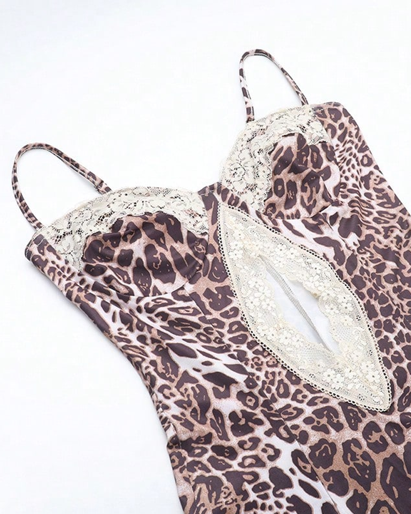 Leopard Print Strappy Lace Patchwork Slit Crop Dress