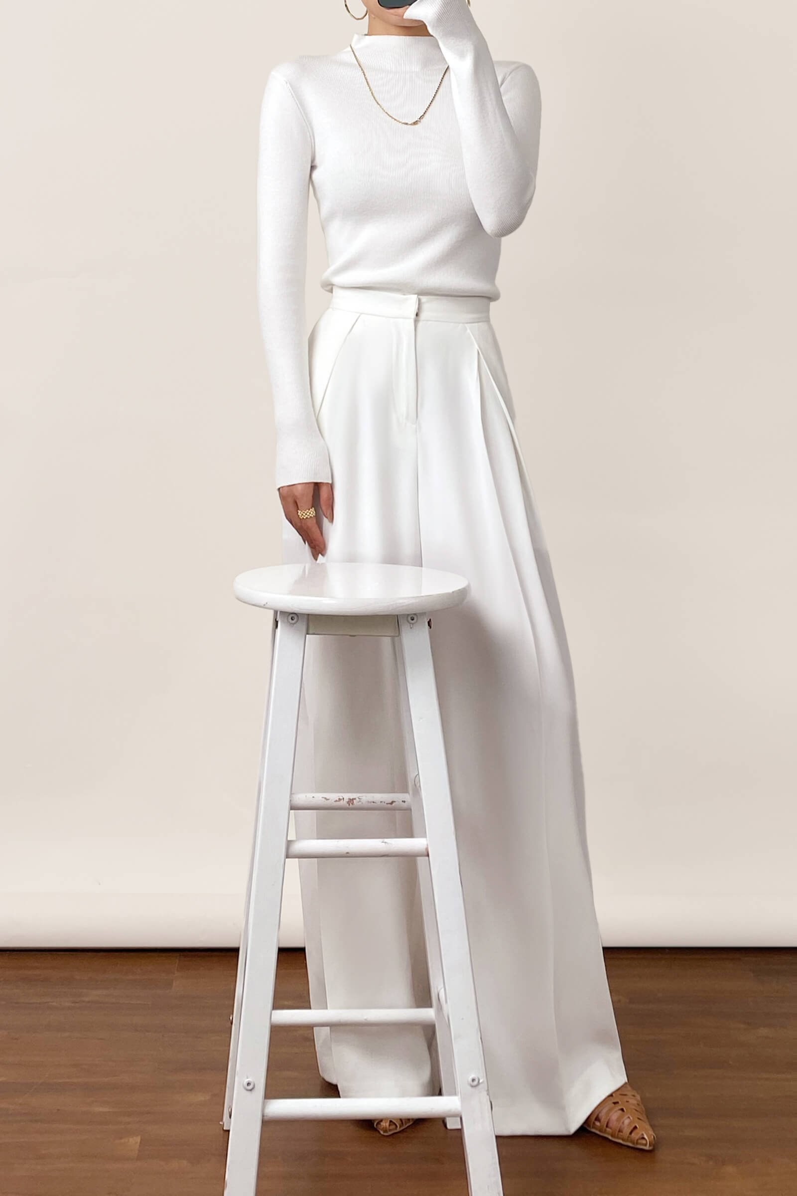 White Basic Ribbed Knit Mock Neck Sweater