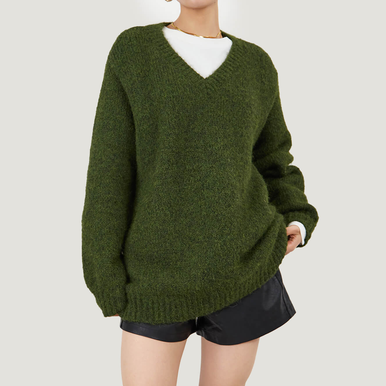 Dark Olive GreenFuzzy Knit V-Neck Oversized Sweater