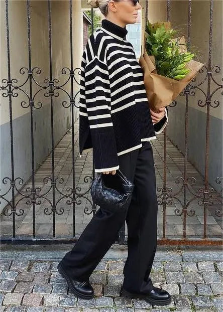 White Roll Neck Striped Ribbed Pullover Sweater