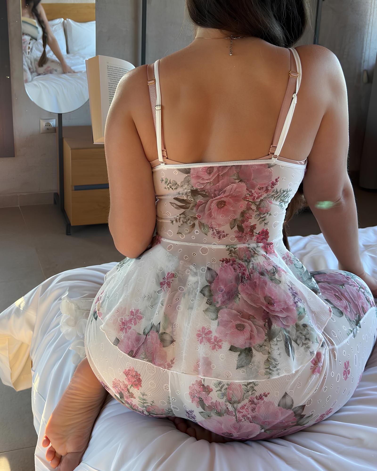 Floral Mesh See-through Ruffled Camisole and Trousers Pajama Set