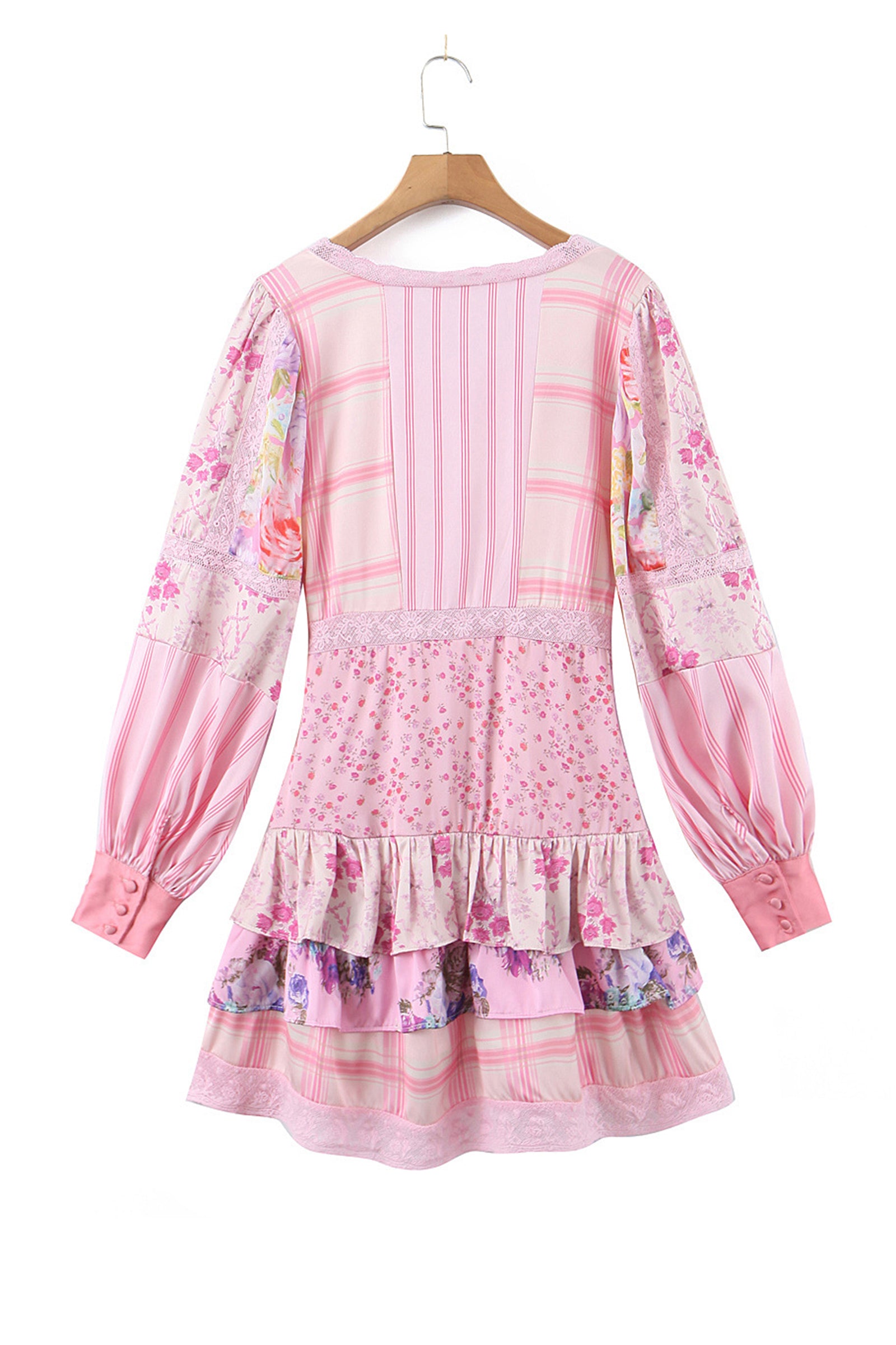 Pink Floral Print Balloon Sleeve Tiered Mini Dress