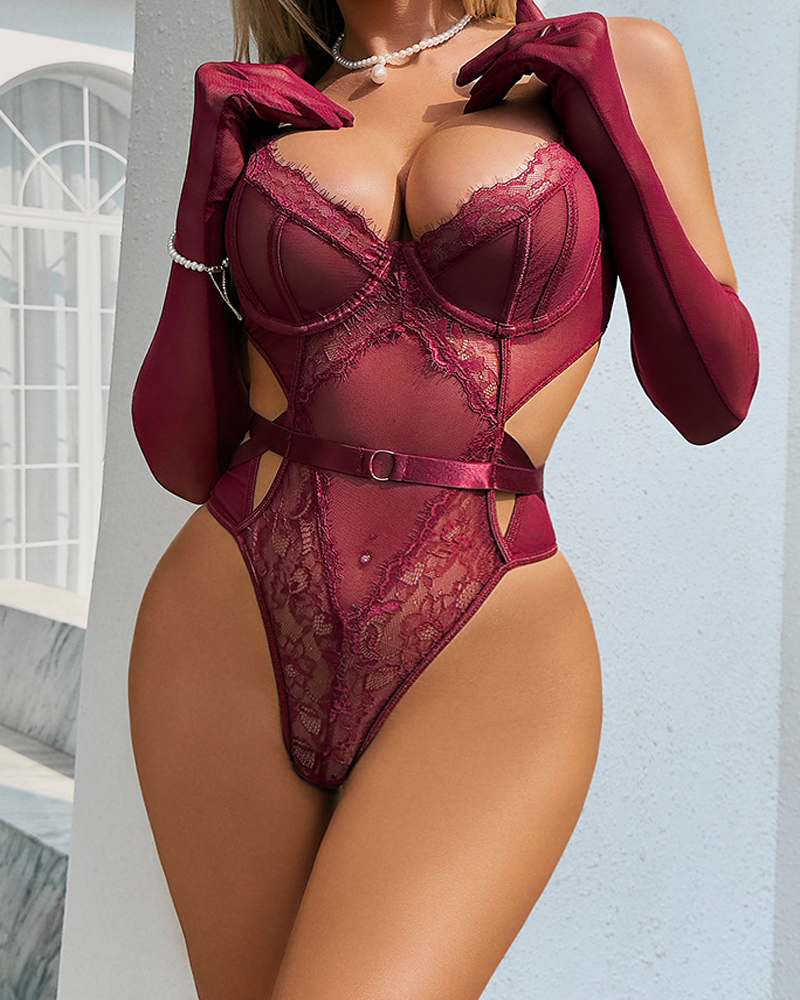 Lace Mesh Shaping Cutout Bodysuit with Gloves