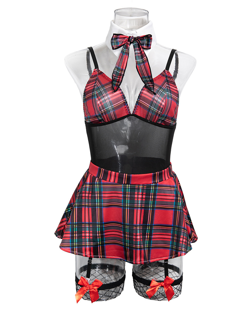 Sheer Mesh Plaid Patchwork Suspender Bodysuit Lingerie