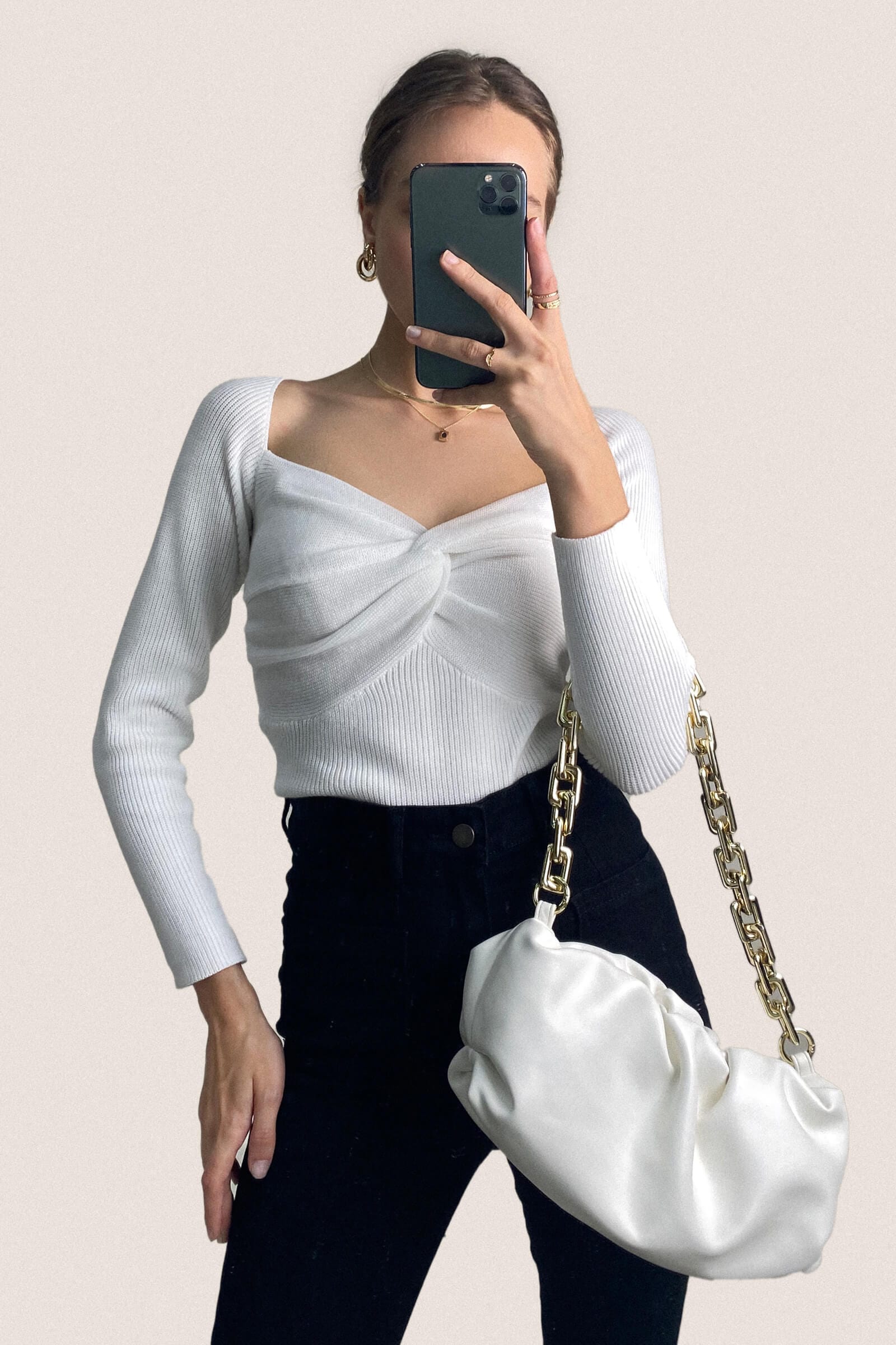 White Twist Front Ribbed Knit Sweater