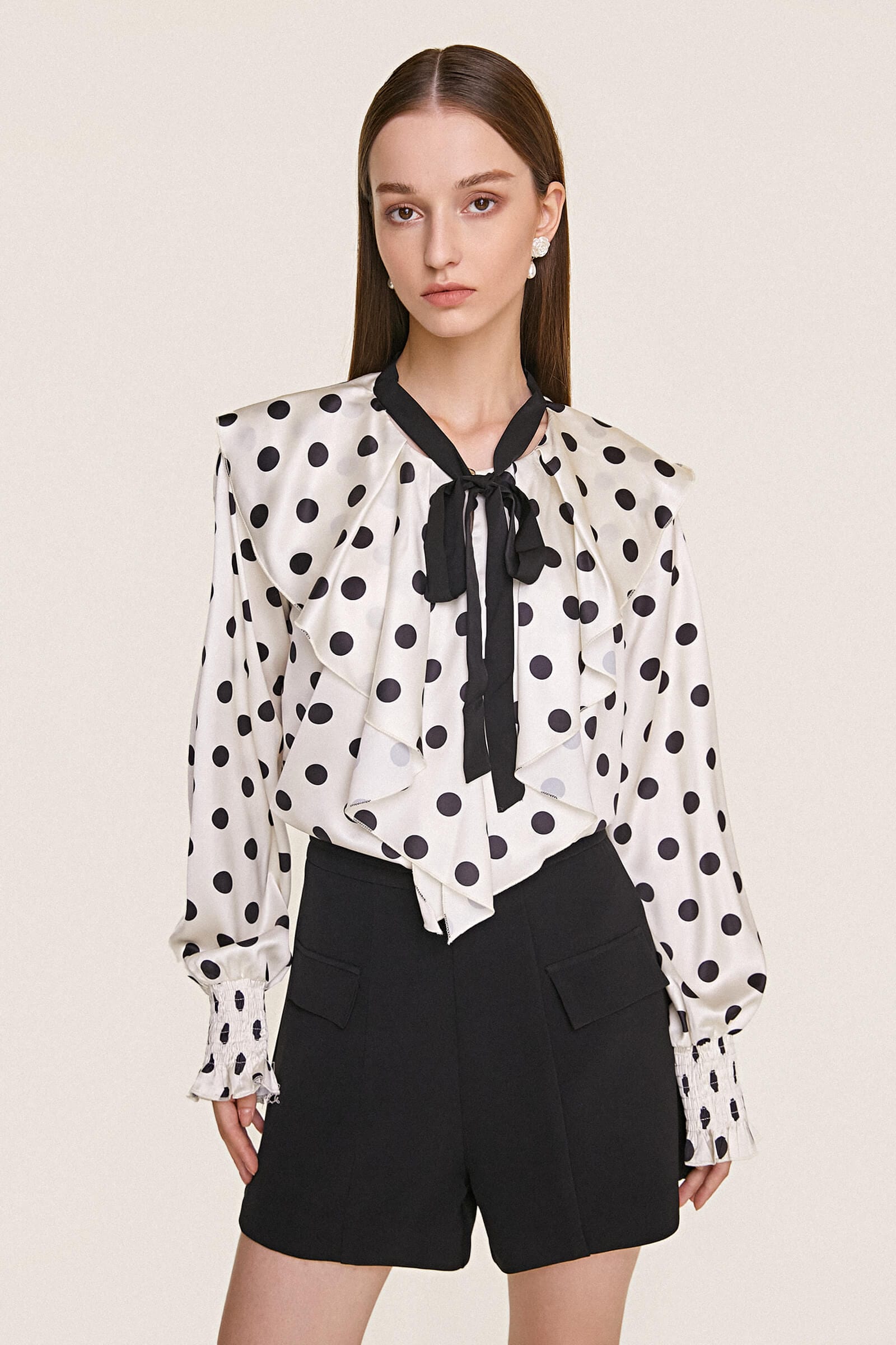 Ivory Polka Dot Flounce-Trimmed Tie Neck Chiffon Blouse