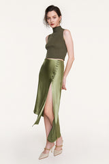 Olive Drab Satin Button Side Asymmetric Midi Skirt